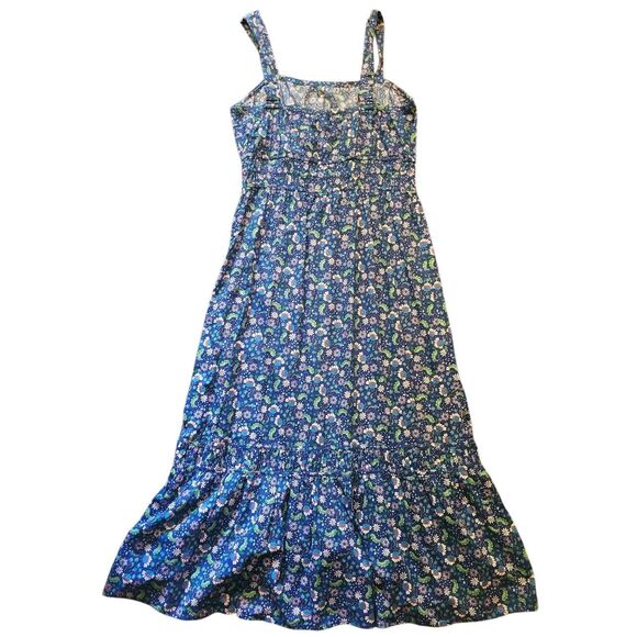 LOFT Dress Women's Large Blue Floral Shirred Flounce Maxi Cotton Cottage - Picture 2 of 5